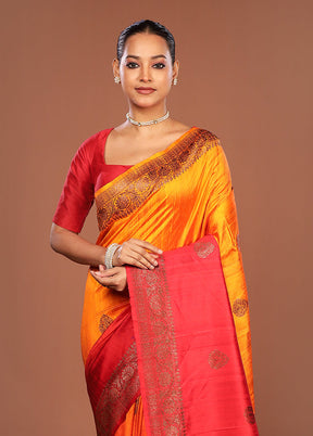 Orange Handloom Tussar Pure Silk Saree With Blouse Piece