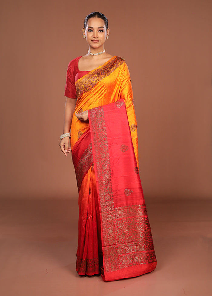 Orange Handloom Tussar Pure Silk Saree With Blouse Piece