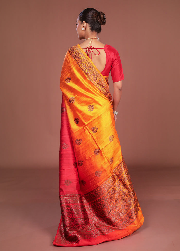 Orange Handloom Tussar Pure Silk Saree With Blouse Piece