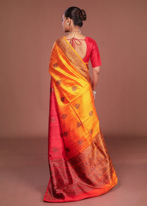 Orange Handloom Tussar Pure Silk Saree With Blouse Piece