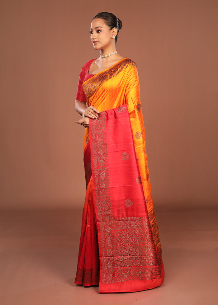 Orange Handloom Tussar Pure Silk Saree With Blouse Piece