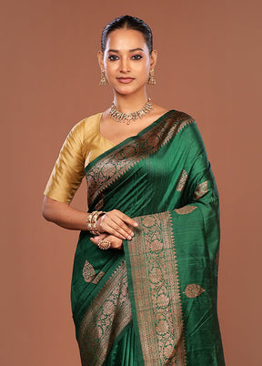 Green Handloom Tussar Pure Silk Saree With Blouse Piece