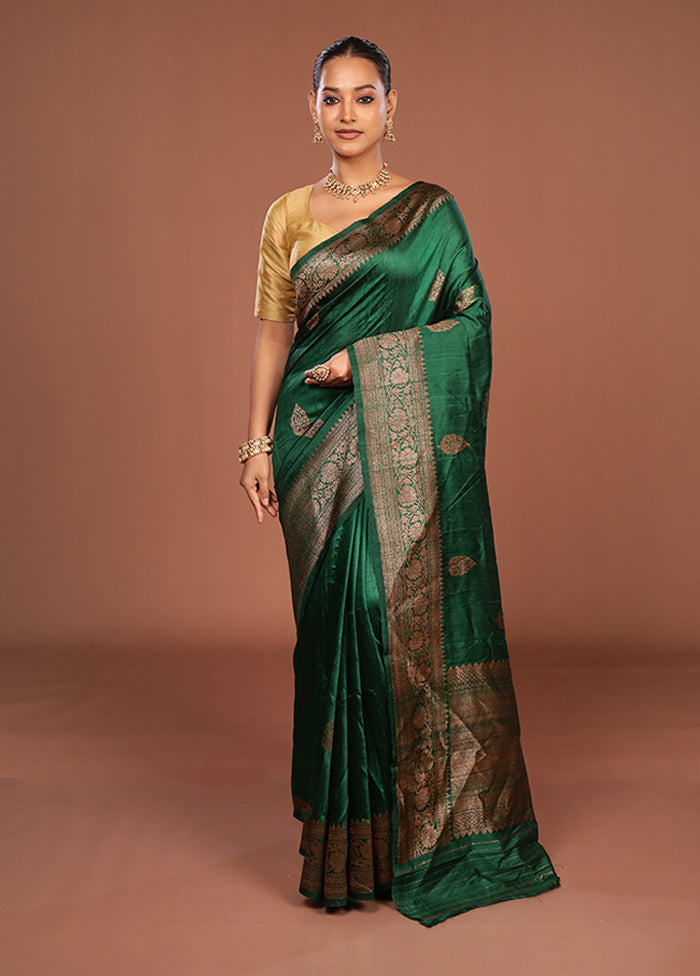 Green Handloom Tussar Pure Silk Saree With Blouse Piece