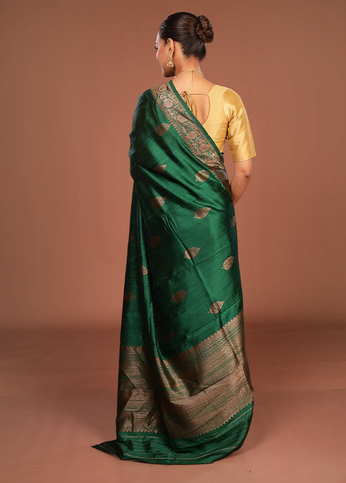 Green Handloom Tussar Pure Silk Saree With Blouse Piece