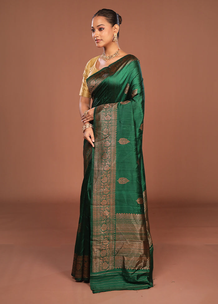 Green Handloom Tussar Pure Silk Saree With Blouse Piece