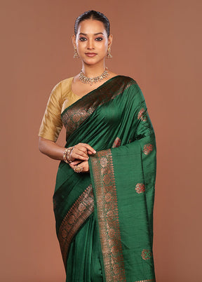 Green Handloom Tussar Pure Silk Saree With Blouse Piece