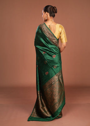 Green Handloom Tussar Pure Silk Saree With Blouse Piece