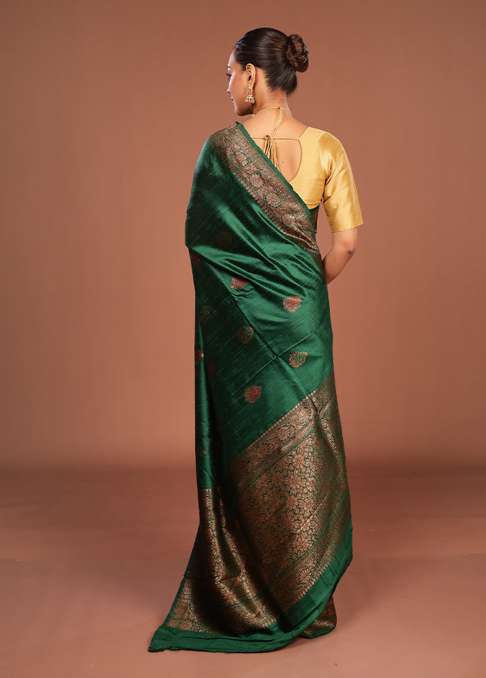 Green Handloom Tussar Pure Silk Saree With Blouse Piece