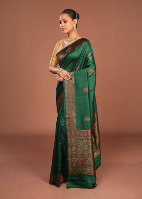 Green Handloom Tussar Pure Silk Saree With Blouse Piece