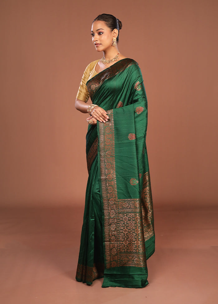 Green Handloom Tussar Pure Silk Saree With Blouse Piece