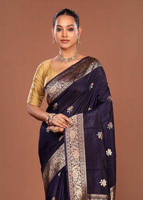 Blue Handloom Katan Pure Silk Saree With Blouse Piece