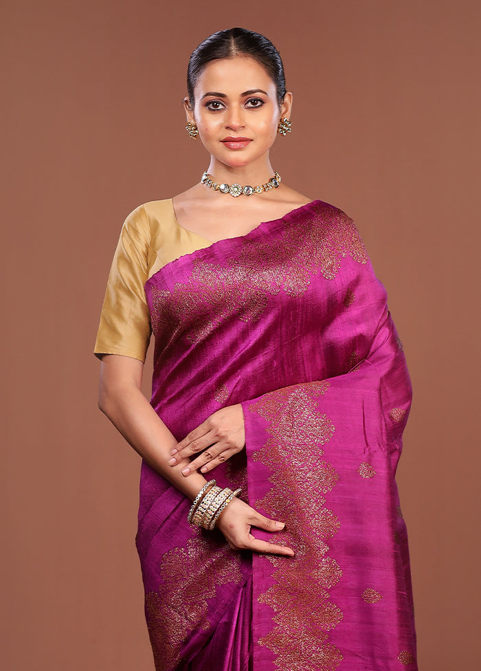 Purple Handloom Tussar Pure Silk Saree With Blouse Piece