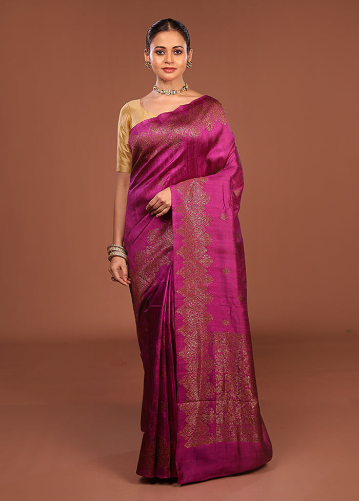 Purple Handloom Tussar Pure Silk Saree With Blouse Piece