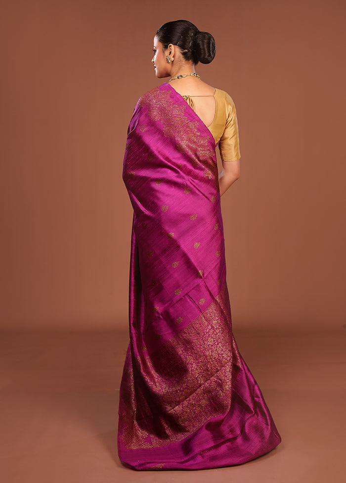 Purple Handloom Tussar Pure Silk Saree With Blouse Piece