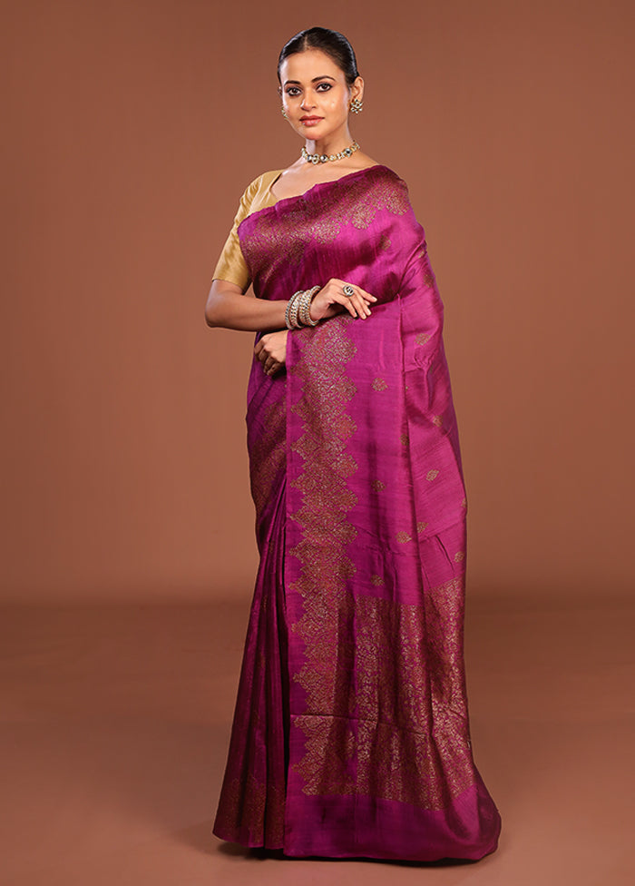 Purple Handloom Tussar Pure Silk Saree With Blouse Piece