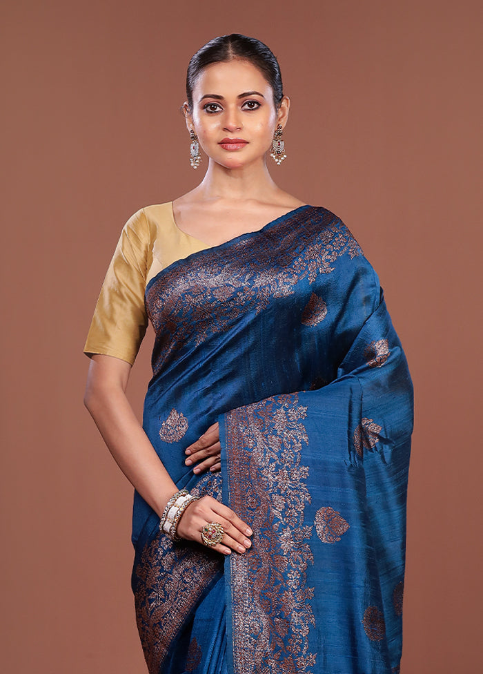Blue Handloom Tussar Pure Silk Saree With Blouse Piece
