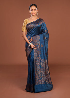 Blue Handloom Tussar Pure Silk Saree With Blouse Piece