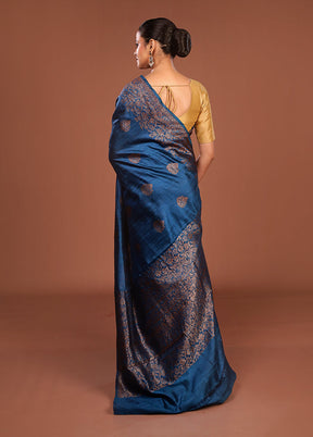 Blue Handloom Tussar Pure Silk Saree With Blouse Piece