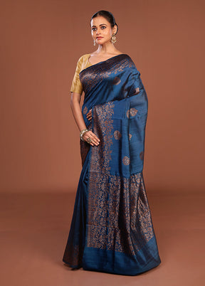 Blue Handloom Tussar Pure Silk Saree With Blouse Piece