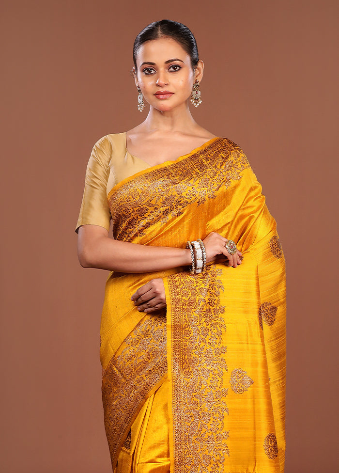Yellow Handloom Tussar Pure Silk Saree With Blouse Piece