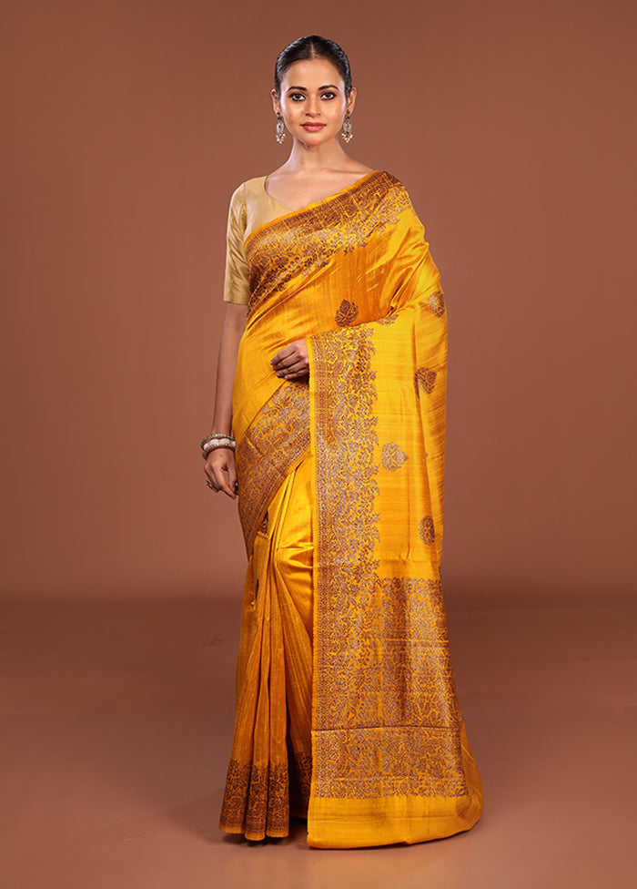 Yellow Handloom Tussar Pure Silk Saree With Blouse Piece