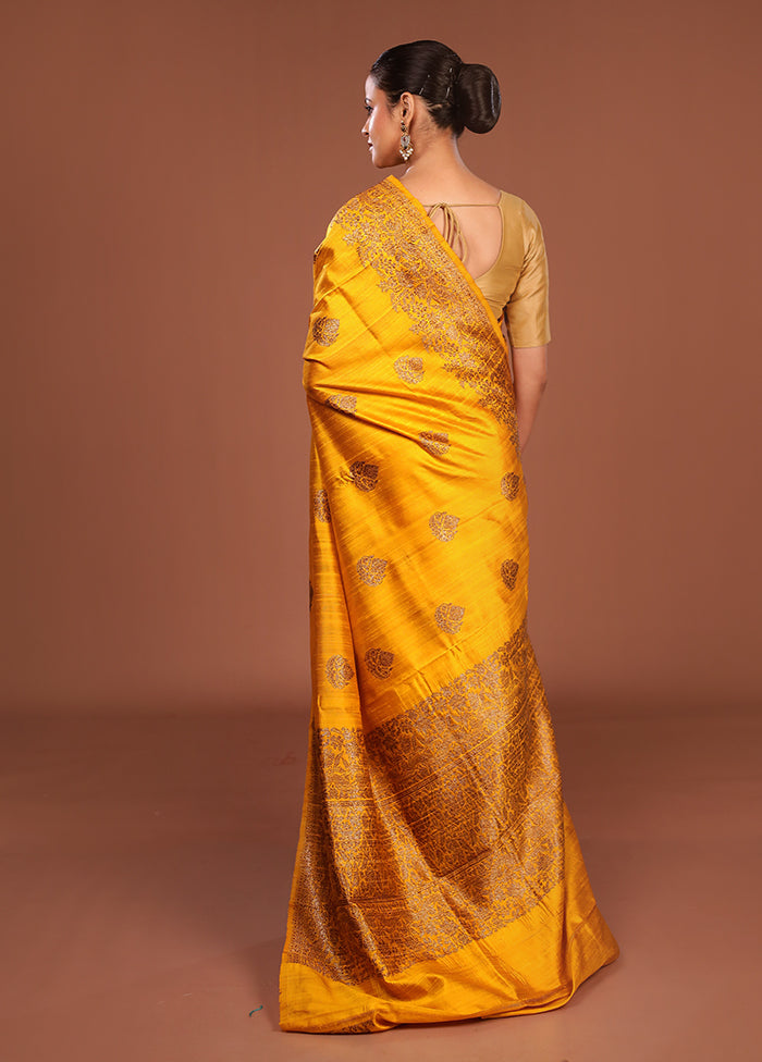 Yellow Handloom Tussar Pure Silk Saree With Blouse Piece