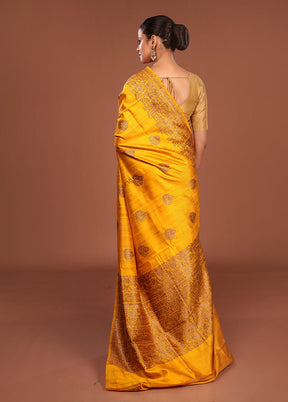 Yellow Handloom Tussar Pure Silk Saree With Blouse Piece