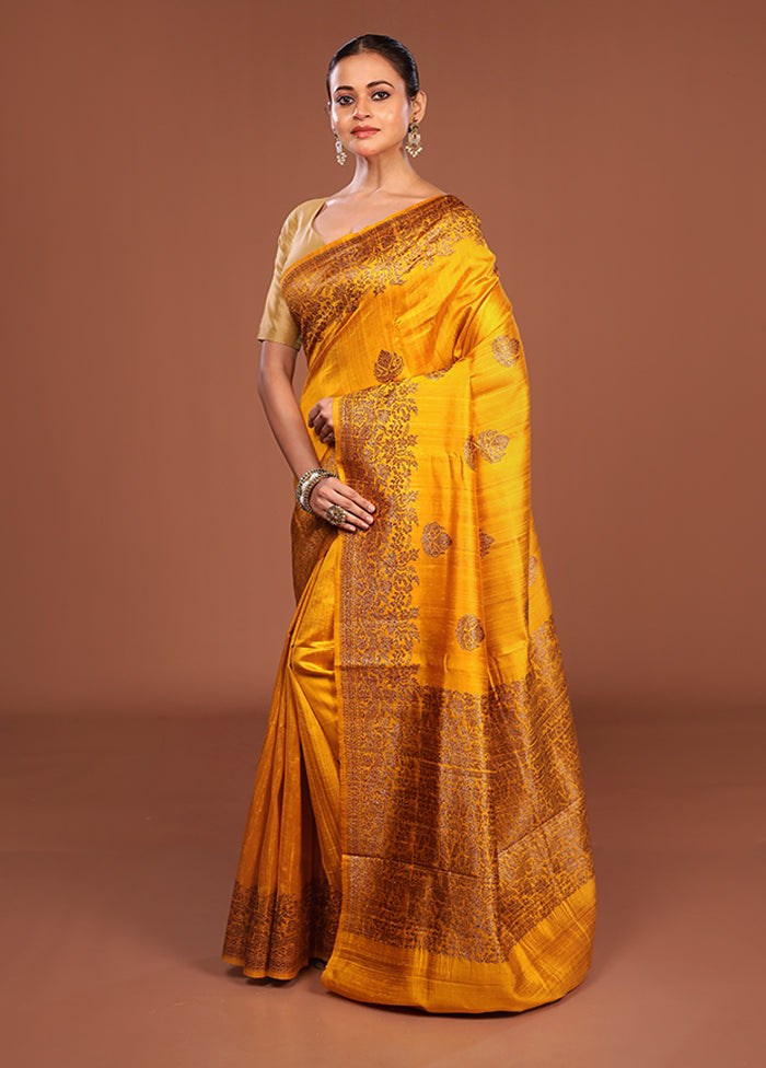 Yellow Handloom Tussar Pure Silk Saree With Blouse Piece