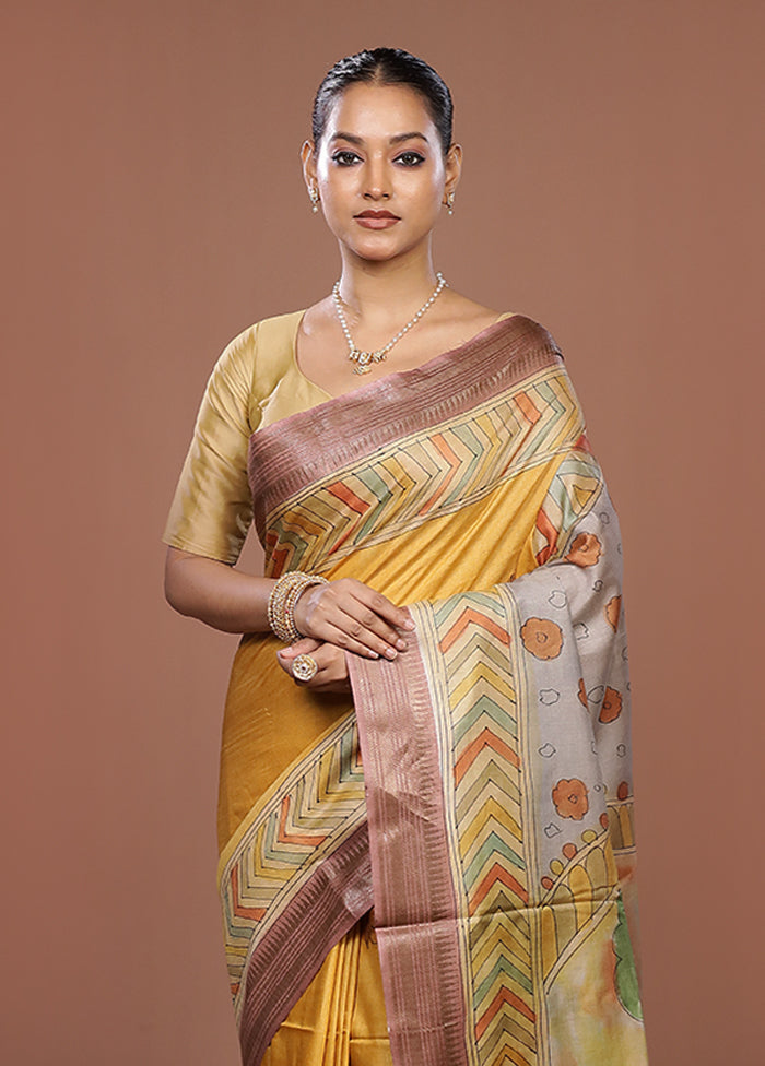 Yellow Handloom Tussar Pure Silk Saree With Blouse Piece
