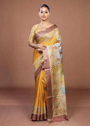Yellow Handloom Tussar Pure Silk Saree With Blouse Piece