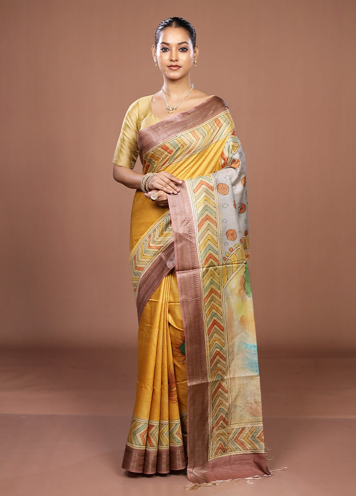 Yellow Handloom Tussar Pure Silk Saree With Blouse Piece