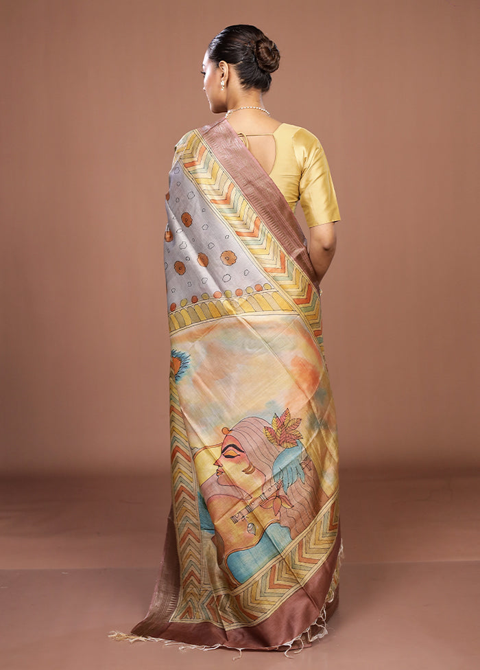 Yellow Handloom Tussar Pure Silk Saree With Blouse Piece