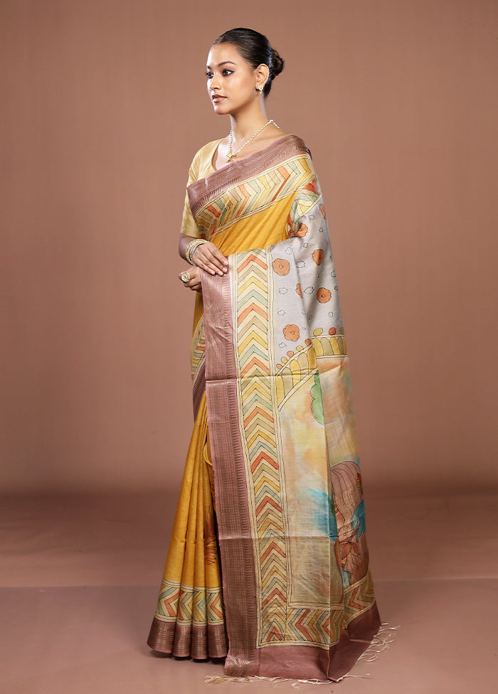 Yellow Handloom Tussar Pure Silk Saree With Blouse Piece