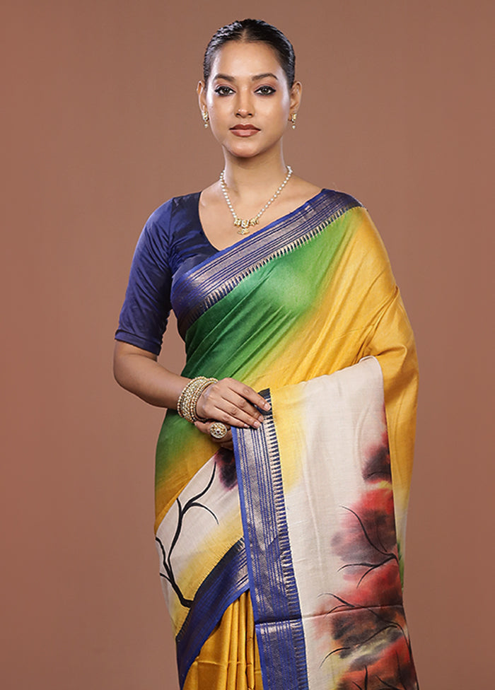 Yellow Handloom Tussar Pure Silk Saree With Blouse Piece