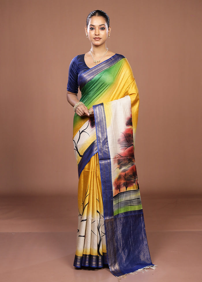 Yellow Handloom Tussar Pure Silk Saree With Blouse Piece