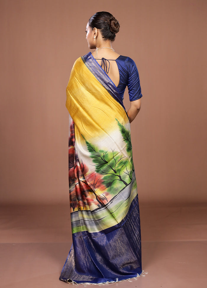 Yellow Handloom Tussar Pure Silk Saree With Blouse Piece