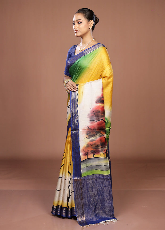Yellow Handloom Tussar Pure Silk Saree With Blouse Piece