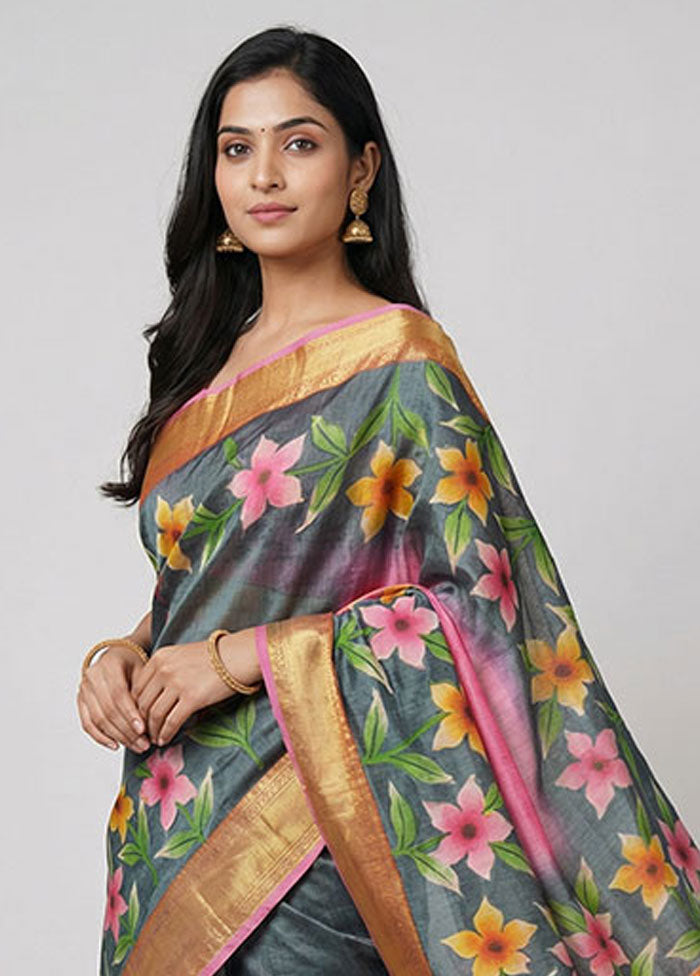 Pink Handloom Tussar Pure Silk Saree With Blouse Piece