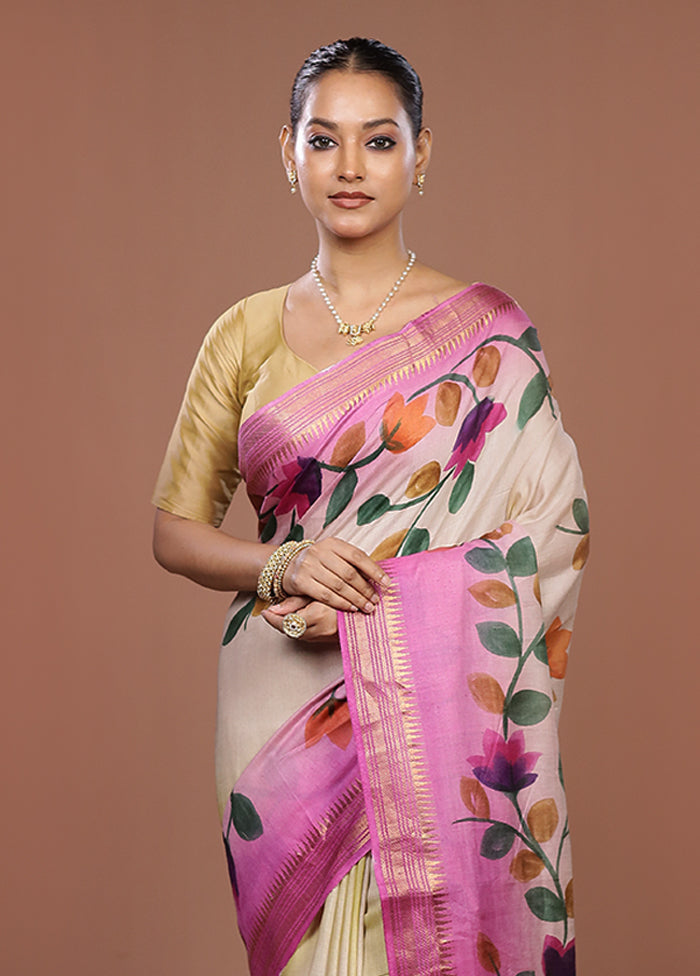 Cream Handloom Tussar Pure Silk Saree With Blouse Piece