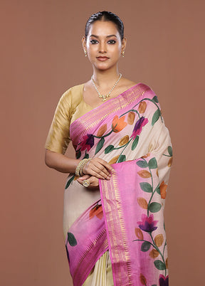 Cream Handloom Tussar Pure Silk Saree With Blouse Piece