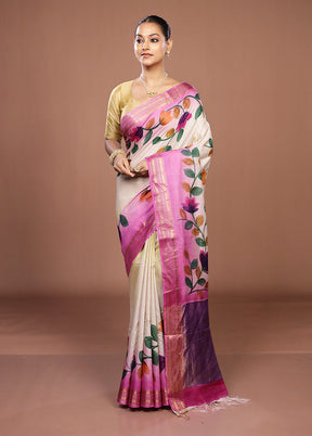 Cream Handloom Tussar Pure Silk Saree With Blouse Piece