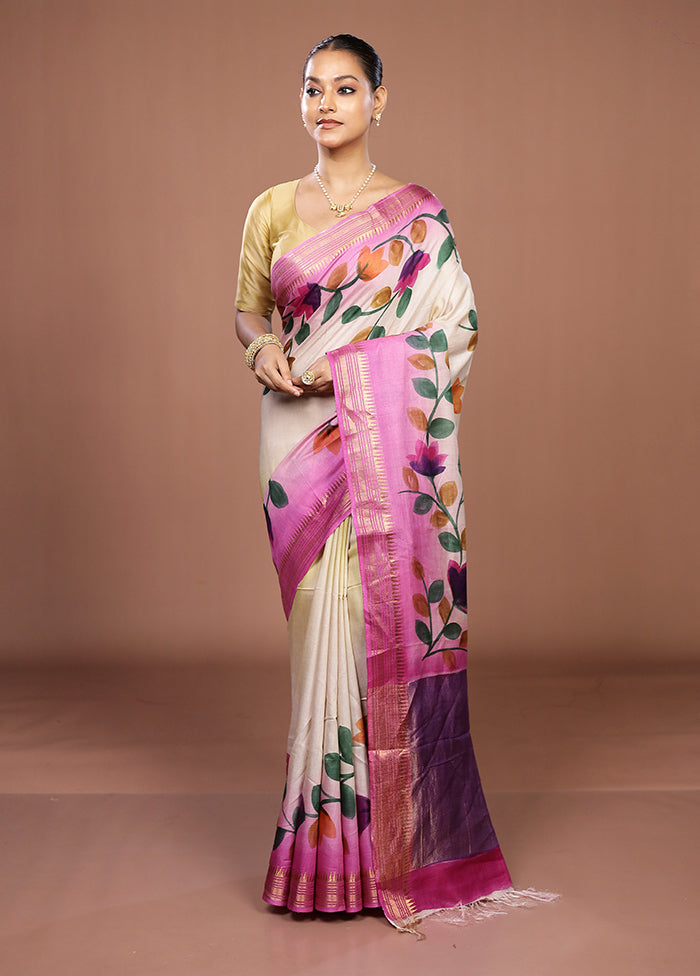Cream Handloom Tussar Pure Silk Saree With Blouse Piece