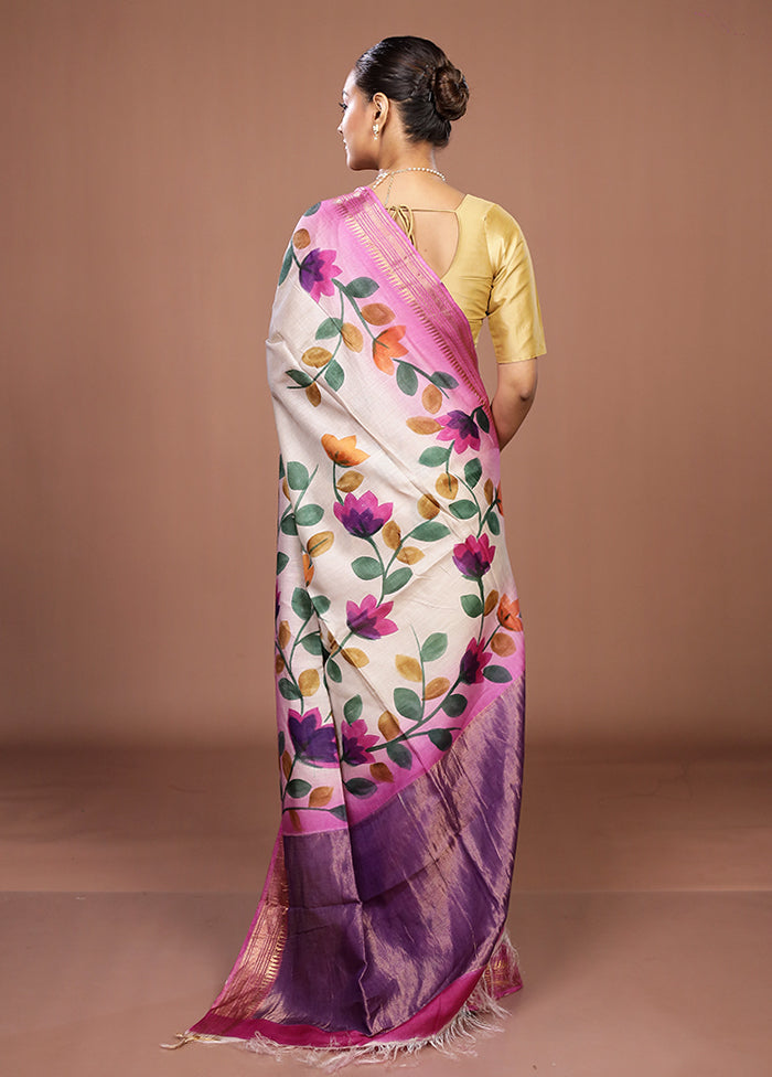 Cream Handloom Tussar Pure Silk Saree With Blouse Piece