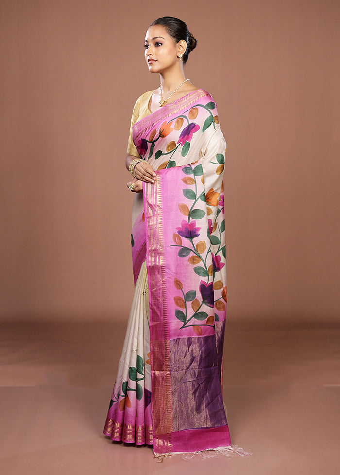 Cream Handloom Tussar Pure Silk Saree With Blouse Piece