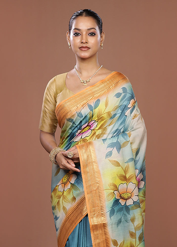 Blue Handloom Tussar Pure Silk Saree With Blouse Piece