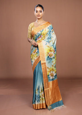 Blue Handloom Tussar Pure Silk Saree With Blouse Piece
