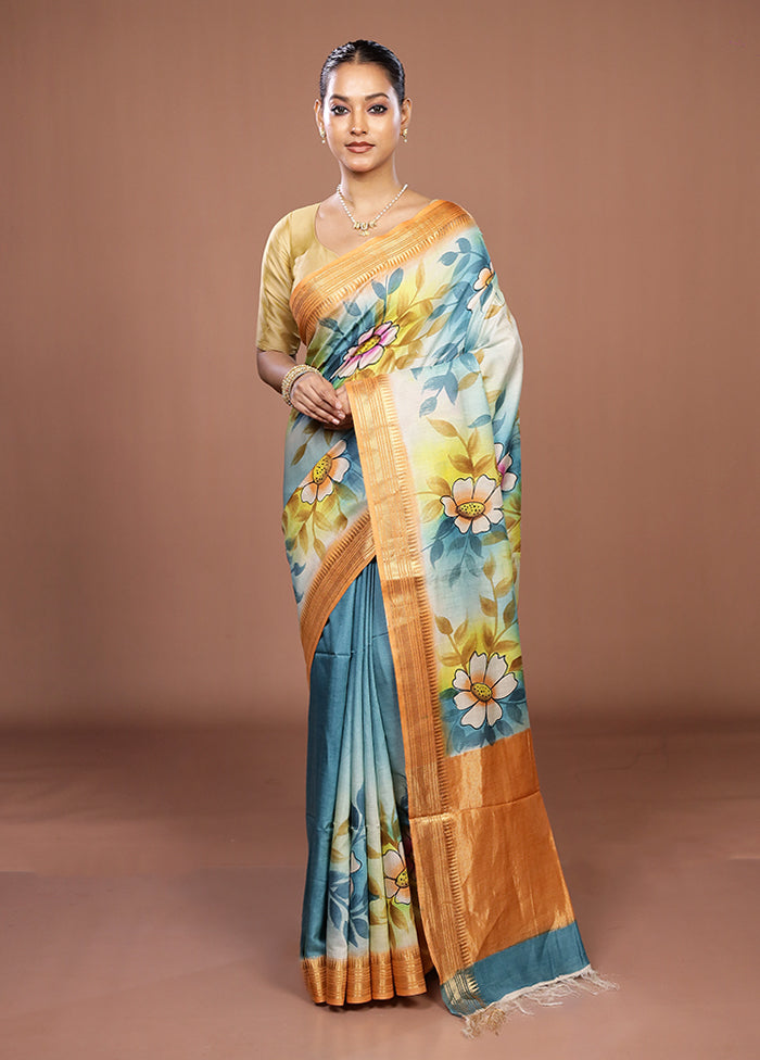 Blue Handloom Tussar Pure Silk Saree With Blouse Piece