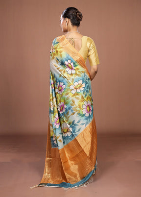 Blue Handloom Tussar Pure Silk Saree With Blouse Piece