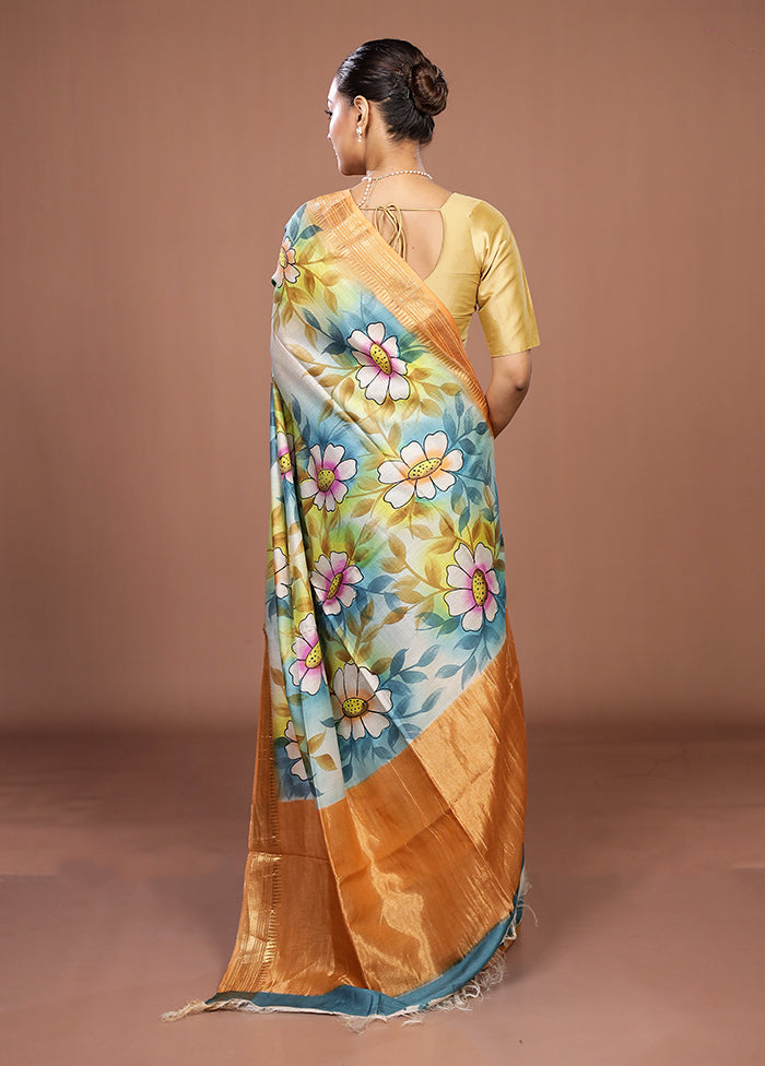 Blue Handloom Tussar Pure Silk Saree With Blouse Piece