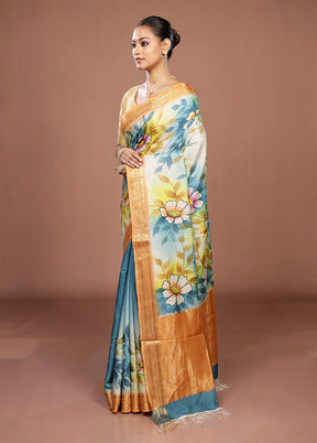 Blue Handloom Tussar Pure Silk Saree With Blouse Piece